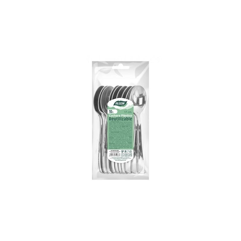 PACK 10 CUCHARAS PLASTICO REUTILIZABLE PLATA ALGON