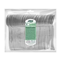PACK 50 CUCHARAS PLASTICO REUTILIZABLE PLATA ALGON